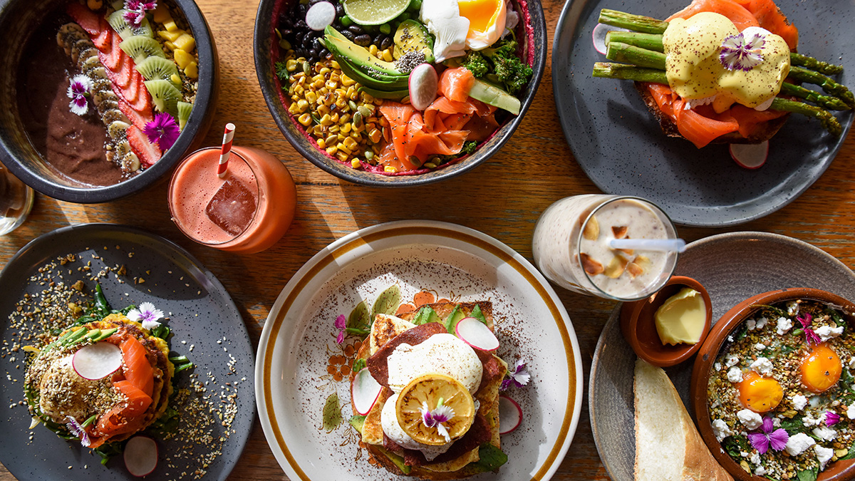 A wonderfull feast of healthy colorfull food from a bird perspective view